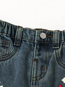 SHEIN Toddler Boys' Red & White Cross Pattern Blue Denim Loose Straight Leg Pants - Dark Wash - View 5