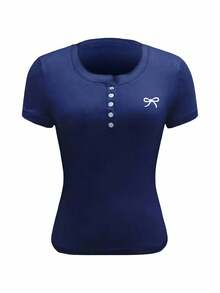 SHEIN EZwear 女式海军蓝字母纽扣短袖短款 T 恤，休闲简约 - 藏蓝色 - 查看 4