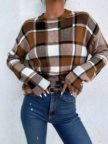 SHEIN LUNE 女式休闲格子印花圆领毛衣，秋冬 - 彩色 - 查看 3