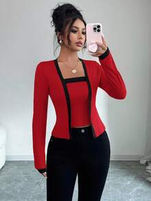 Elenzga 2件套女士针织拼布优雅开衫和背心套装 - 紅色 - 查看 5