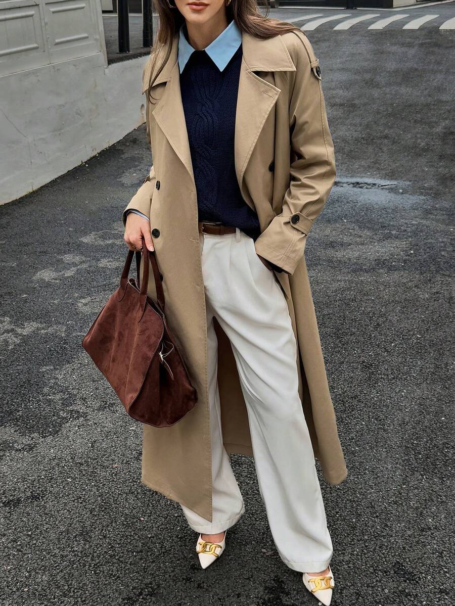 SHEIN Unity Áo gió dài hai hàng khuy cổ điển dành cho nữ, thời trang và cao cấp, thích hợp cho mùa thu - Màu Khaki - Xem 1