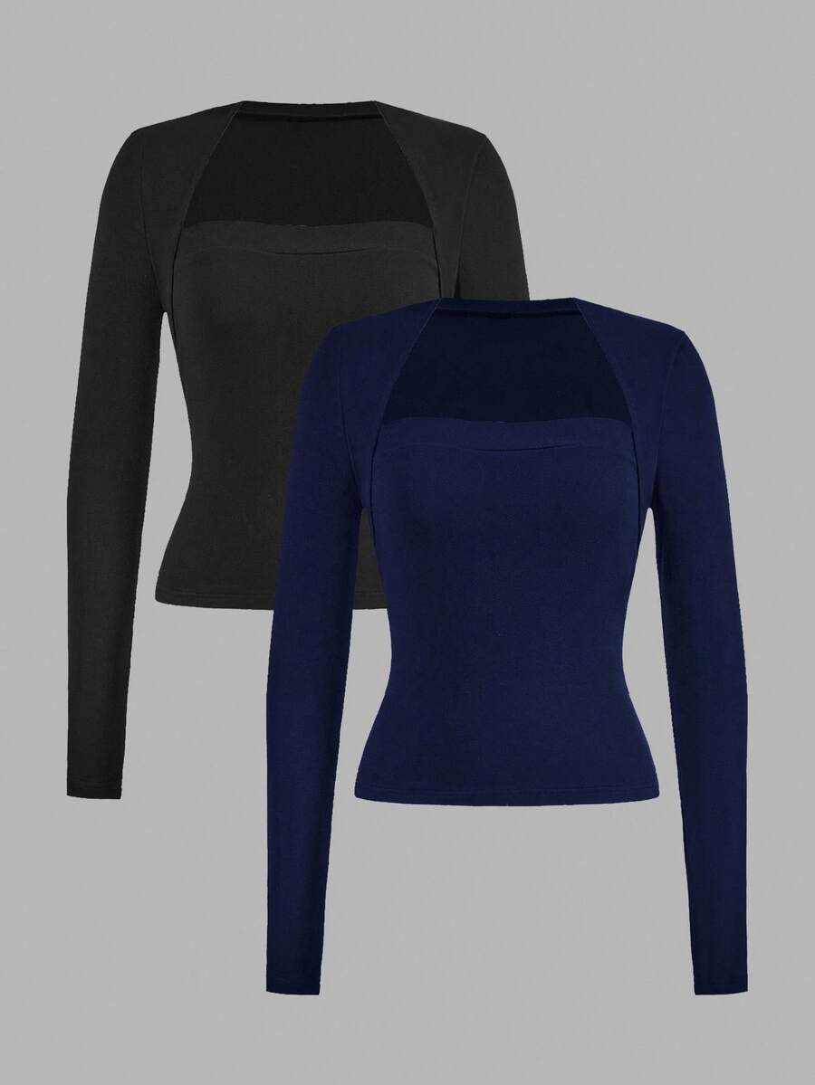 SHEIN EZwear 2件組女款休閒純色百搭修身長袖T恤,適合秋冬穿著 - 彩色 - 查看 1