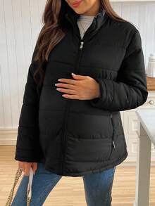 SHEIN 纯色休闲长款孕妇拉链加厚外套，冬季 - 黑色 - 查看 4