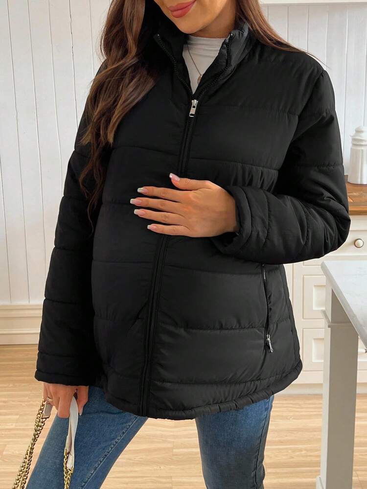 SHEIN 纯色休闲长款孕妇拉链加厚外套，冬季 - 黑色 - 查看 4