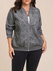 SHEIN LUNE 大码极简图案拉链长袖外套，灰色，适合秋冬季办公室穿着，日常穿着、度假优雅、职场女神范儿十足。 - 黑色 - 查看 5
