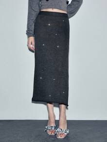 Lumivelle Women's Casual Everyday Commute Sequin Patchwork Slit Straight Knit Skirt, Autumn/Winter - Dark Grey - View 3