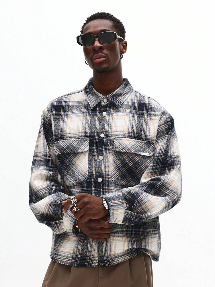 Plaid Flannel Button Down Shirt With Utility Pockets