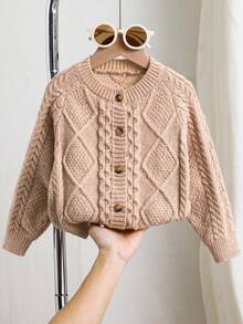 SHEIN 1pc Young Boys Casual Loose Fit Round Neck Pullover Striped Button Front Long Sleeve Comfortable Warm Knitted Sweater, Suitable For Outdoor School, Garden, Beach, Birthday, Baby Shower Party In Autumn/Winter - Khaki - View 1