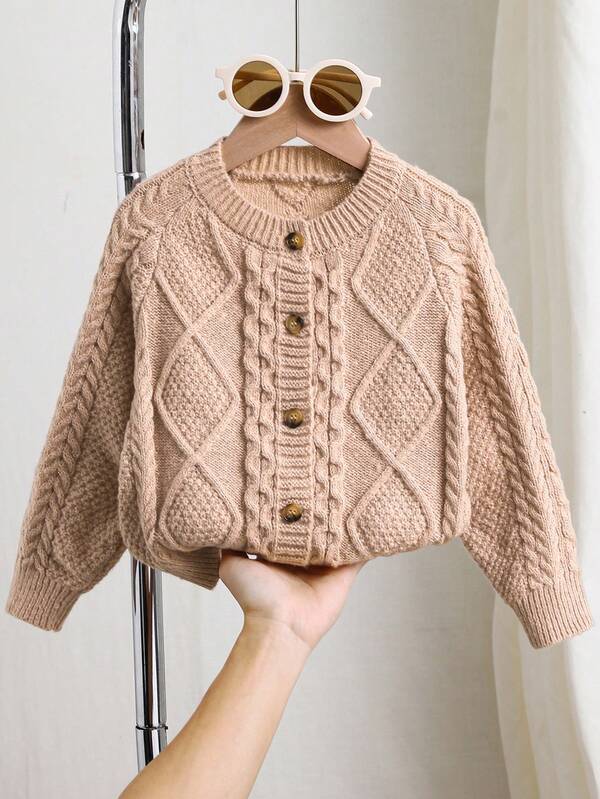 SHEIN 1 قطعة بلوزة كاجوال فضفاضة للأولاد بياقة دائرية وأكمام طويلة مزينة بأزرار وخطوط، قطعة مريحة ودافئة من الصوف، مناسبة للخروج والمدرسة والحديقة والشاطئ وحفلات عيد الميلاد وحفلات استقبال المولود في فصلي الخريف والشتاء