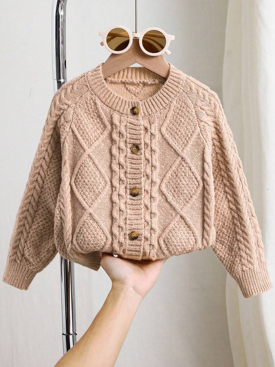 SHEIN 1pc Young Boys Casual Loose Fit Round Neck Pullover Striped Button Front Long Sleeve Comfortable Warm Knitted Sweater, Suitable For Outdoor School, Garden, Beach, Birthday, Baby Shower Party In Autumn/Winter - Khaki - View 1