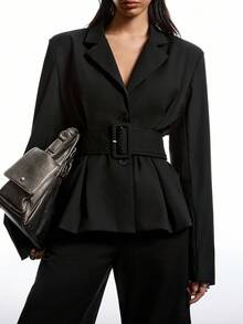 LYSMO 2025新款极简秋冬女式纯色腰带荷叶边下摆前扣长袖西装外套黑色女式西装套装女士职业装黑色套装女式裙装 - 黑色 - 查看 1
