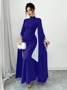 Selianne Đầm dài thanh lịch cổ vuông đính vải cho nữ - Xanh đậm - Xem 4