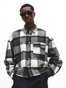 SUMWON Brushed Flannel Button Down Overshirt Buffalo Check Pattern Boxy Fit Long Sleeve Casual Winter Layering Piece