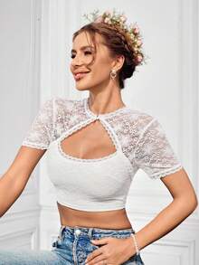 LanaWest Hollow-Out Keyhole Collar Lace Cropped Top, Dirndl - White - View 6