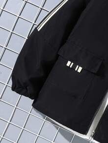 Tween Boy Letter & Stripe Print Zip-Up Casual Hoodie Jacket, Autumn - Black - View 6