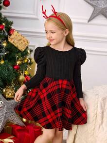 SHEIN Young Girl Vintage & Cute & Fashion & Elegant Contrast Plaid Print Patchwork Dress, Long Sleeves, Cake Dress , Casual Simple Elegant,Wedding Season,Ladylike Gentleman ,Autumn And Winter,For Christmas,Party Wear,Daily Wear,Birthday Dress,Princess Dress,Mom And Daughter And Sisters Matching