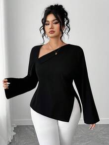 Elenzga Camisa de mujer talla grande con cuello oblicuo, abertura en la espalda y lazo - Negro - Ver 3
