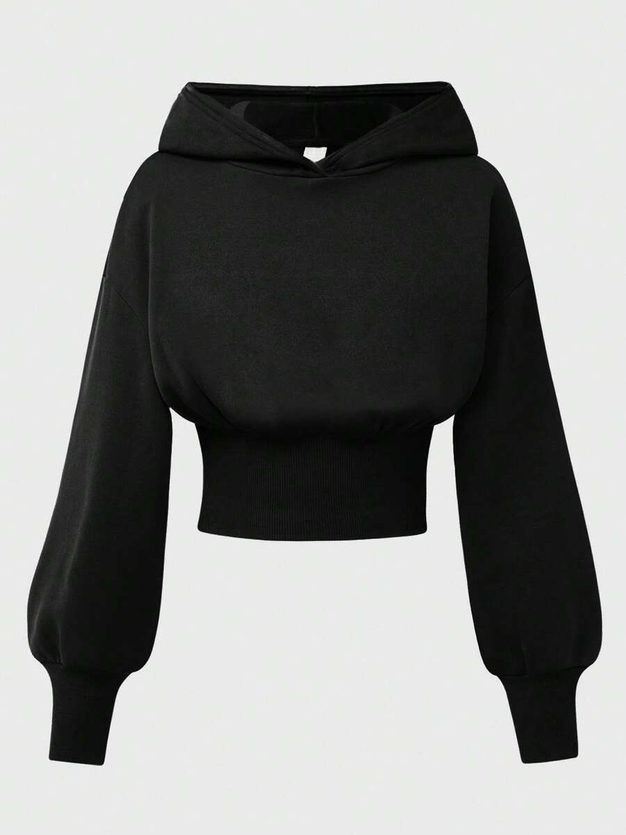 SHEIN Girlism 少女休闲街头风黑色连帽短款高腰长袖百搭简约纯色黑色卫衣，返校秋冬短款卫衣 - 黑色 - 查看 1