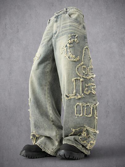 Manfinity Denimwave Men's Patch Pocket Wide Leg Loose Casual Jeans