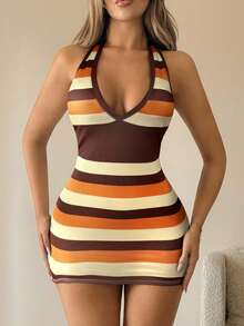 SHEIN ICON Vestido mini con escote en V profundo, sin espalda y cuello halter a rayas - Multicolor - Ver 4