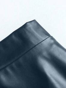 Femmeverse 加大码纯色PU皮革喇叭裙，秋冬季休闲长裙 - 藍色 - 查看 4