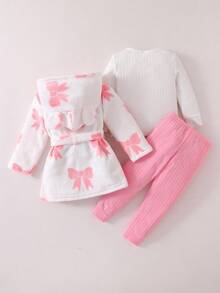 3pcs Newborn Baby Girls'white And Pink Pajama Set,Cute Cloud Print Plush Hoodie Robe,Long Sleeve Ribbed Top & Pants,Autumn Holiday Winter Outfit - Baby Pink - View 2