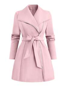 SHEIN Clasi Plus Size Belted Zipper Long Sleeve Overcoat, Fashionable For Autumn/Winter - Pink - View 7