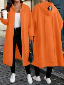 EMERY ROSE Chaqueta casual con capucha con cremallera y gráfico de letras para mujer de talla grande en otoño - Naranja - Ver 1