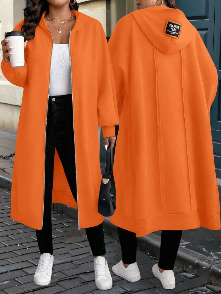 EMERY ROSE Chaqueta casual con capucha con cremallera y gráfico de letras para mujer de talla grande en otoño - Naranja - Ver 1