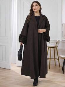 Al Najma 加大码毛绒拼布宽松女式长袍，优雅开放式长袍，适合日常休闲