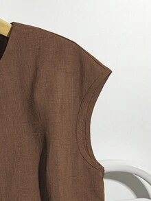 GlowEve 女士纯色圆领短袖系带休闲衬衫 - 咖啡棕 - 查看 4