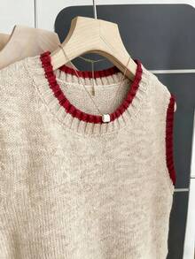 Franclia Casual Loose Crew Neck Sleeveless Knit Contrast Trim Khaki Sweater Top For Women, Spring/Autumn - Red - View 4
