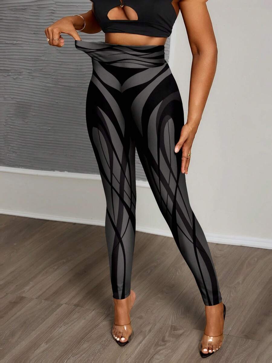 Slaydiva Casual Knit Striped Geometric Pattern High Waist Skinny Women's Long Leggings, Suitable For Spring And Autumn