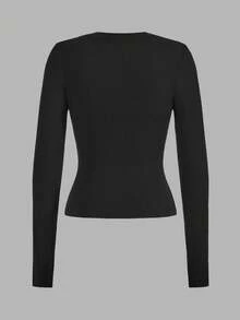 SHEIN EZwear 2 chiếc áo thun dài tay ôm dáng màu trơn đơn giản dành cho nữ, phù hợp cho mùa thu/đông - Nhiều màu - Xem 4