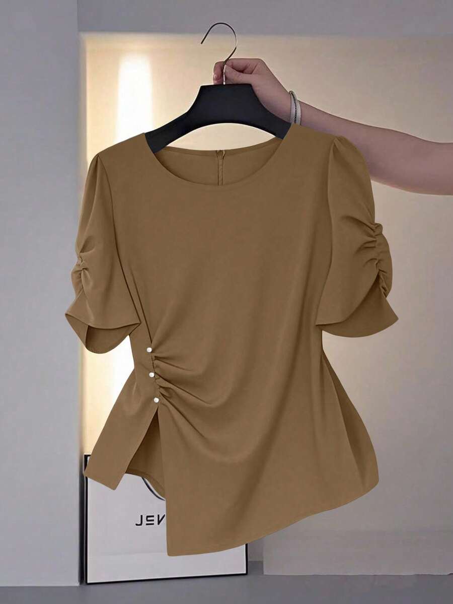 SHEIN Clasi Chemise décontracté grande taille de couleur unie avec taille froncée et ourlet fendu - Marron - Voir 1