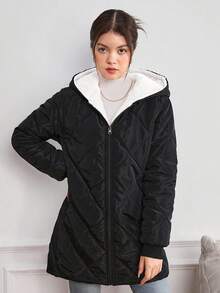 Teen Girl Winter Zip-Up Hooded Long Sleeve Teddy Bear Plush Lined Quilted Ombre Plaid Cotton Padded Mid-Length Jacket - Black and White - View 5