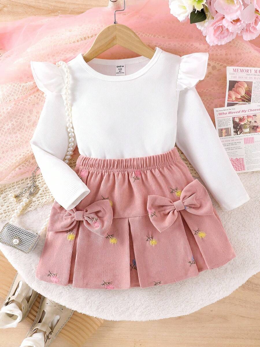 SHEIN 年轻女孩休闲盖袖罗纹上衣和绣花裙套装，可爱又舒适 - 粉色 - 查看 1