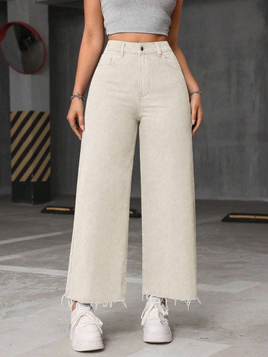 SHEIN ICON 大码女式休闲百搭口袋细节磨边宽松牛仔裤 - 杏色 - 查看 1