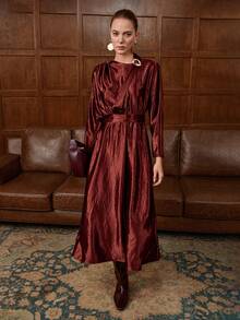 Lyxana Women's Satin Collar Metal Button Decor Ribbon Waist Tie Bow Drop Shoulder Long Sleeve Dress, Solid Color, Angora Red, Elegant Office Commute Streetwear, Winter Fashion Versatile, Workplace, Thanksgiving, Party, Autumn/Winter - Burgundy - View 7