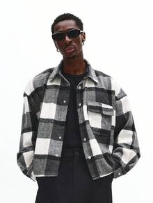 SUMWON Brushed Flannel Button Down Overshirt Buffalo Check Pattern Boxy Fit Long Sleeve Casual Winter Layering Piece