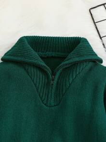 SHEIN Young Boy Casual Versatile Loose Fit Long Sleeve Turndown Collar Half-Zip Sweater, Suitable For Autumn/Winter Fall Turtle Neck Kids Knit Sweater Kids Sweater - Green - View 4