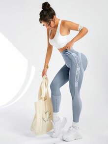 Easithlete Women's High Waisted Letter Print Olive Green Seamless Sports Leggings Yoga Pants - Blue - View 5