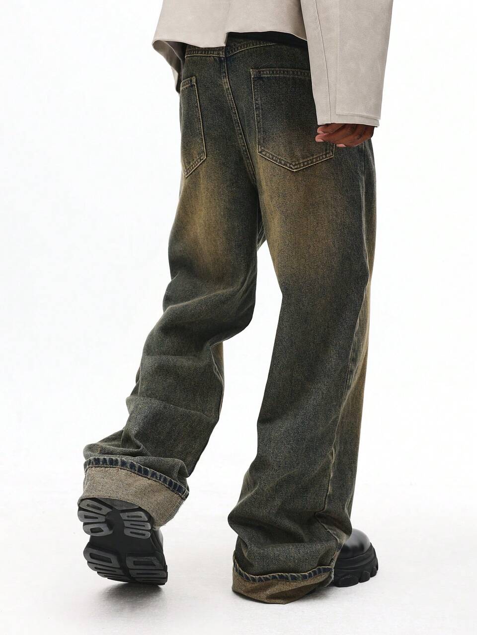 SUMWON Baggy Wide Leg Turn Up Hem Denim Vintage Washed Retro Street Style Skater Jean For Fall Winter With Chunky Loafer Look Plain