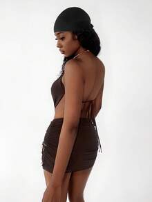 Amplova Mesh Draped Neck Vintage Tassel Beaded Decor Bodycon Mini Dress - Brown - View 5