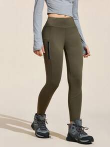 SHEIN Sports 全新高端户外徒步运动女式口袋紧身裤 - 軍綠色 - 查看 1