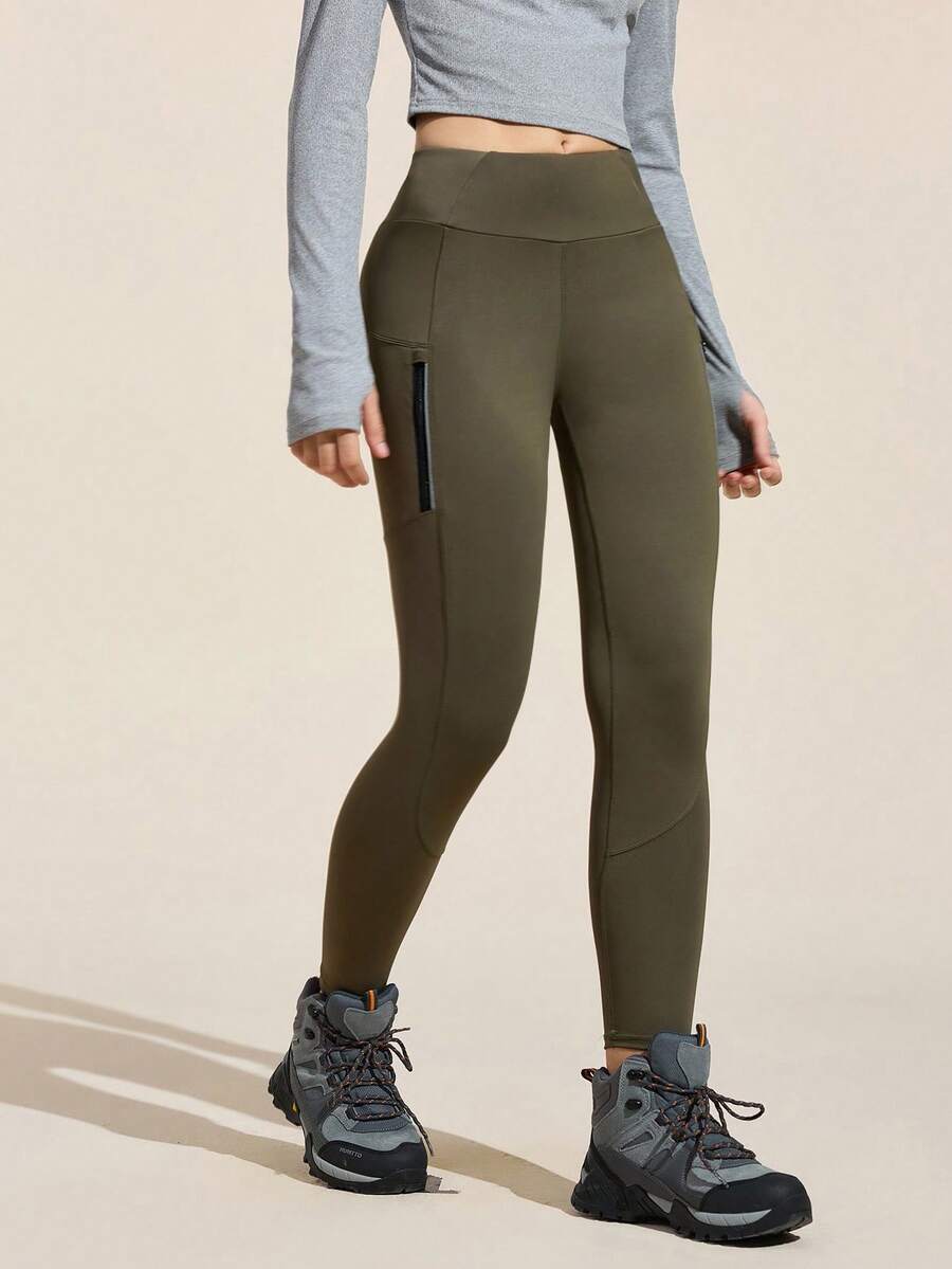 SHEIN Sports 全新高端户外徒步运动女式口袋紧身裤 - 軍綠色 - 查看 1
