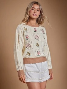 WESTFADE Áo len dệt kim cổ tròn thêu hoa chắp vá tay dài dễ thương, phong cách Boho thường ngày, hòa nhạc đồng quê miền Tây, mùa thu, mùa thu đông - Màu be - Xem 3