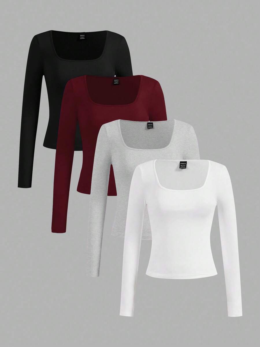 SHEIN Essnce 4 件套女士休闲简约圆领 T 恤，纯色，适合秋冬季，分层，户外，汗衫 - 彩色 - 查看 1