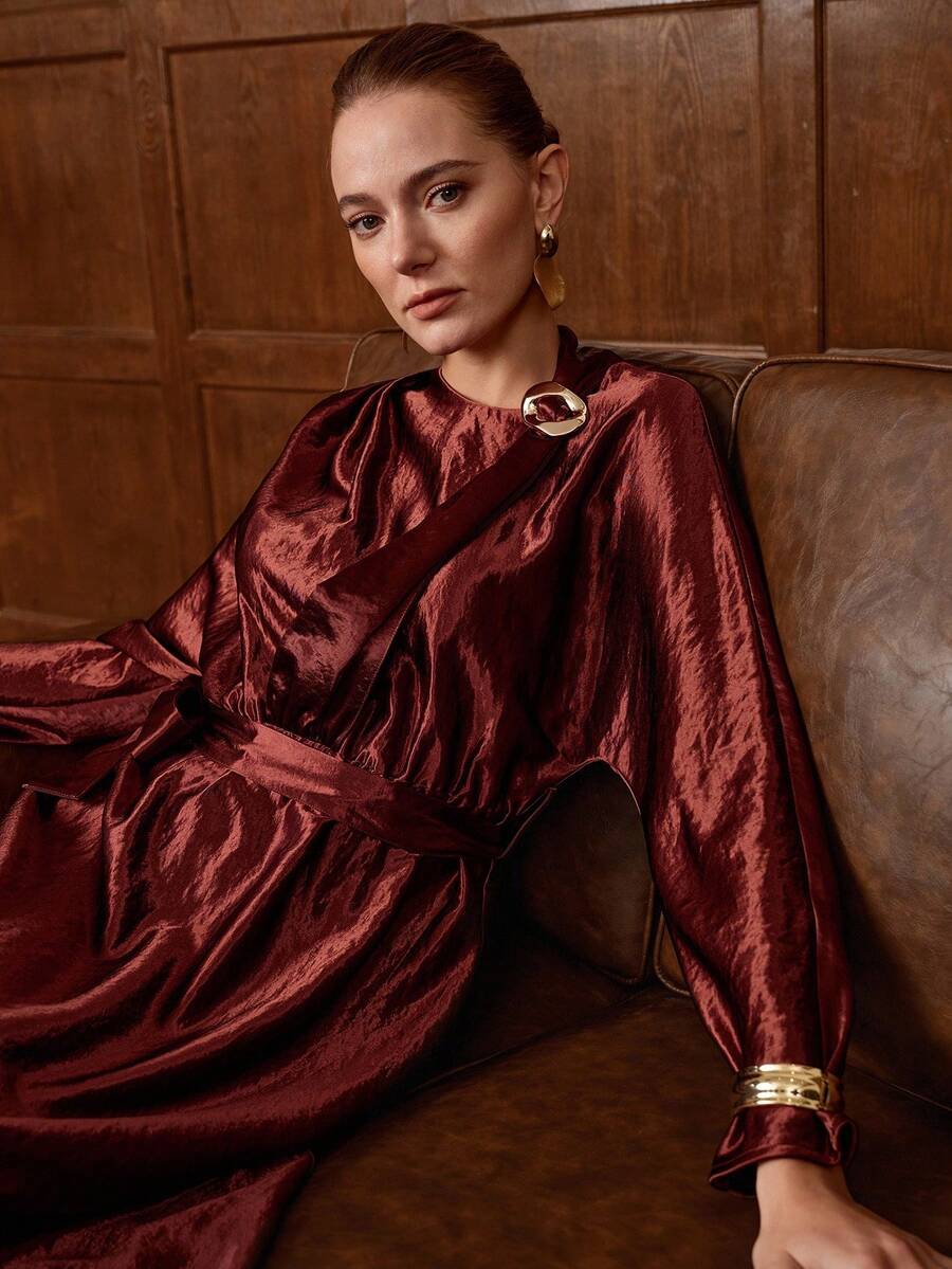 Lyxana Women's Satin Collar Metal Button Decor Ribbon Waist Tie Bow Drop Shoulder Long Sleeve Dress, Solid Color, Angora Red, Elegant Office Commute Streetwear, Winter Fashion Versatile, Workplace, Thanksgiving, Party, Autumn/Winter - Burgundy - View 1