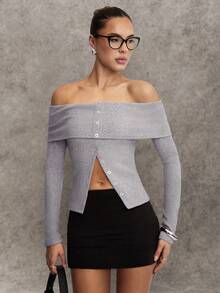 Avenya Grey,Autumn,Chic,Night Out Women's Off Shoulder Folded Button Slit Hem Long Sleeve Top,Imitation Woolen Ribbed Office Siren Minimalist Elegant Top - Grey - View 1